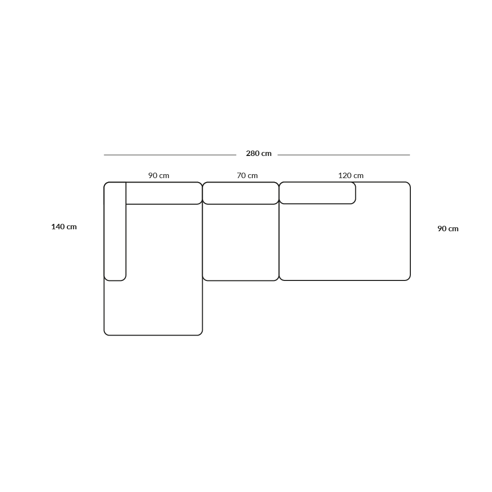 BASECAMP Open end - left chaiselounge, 3 modules, 140x280cm