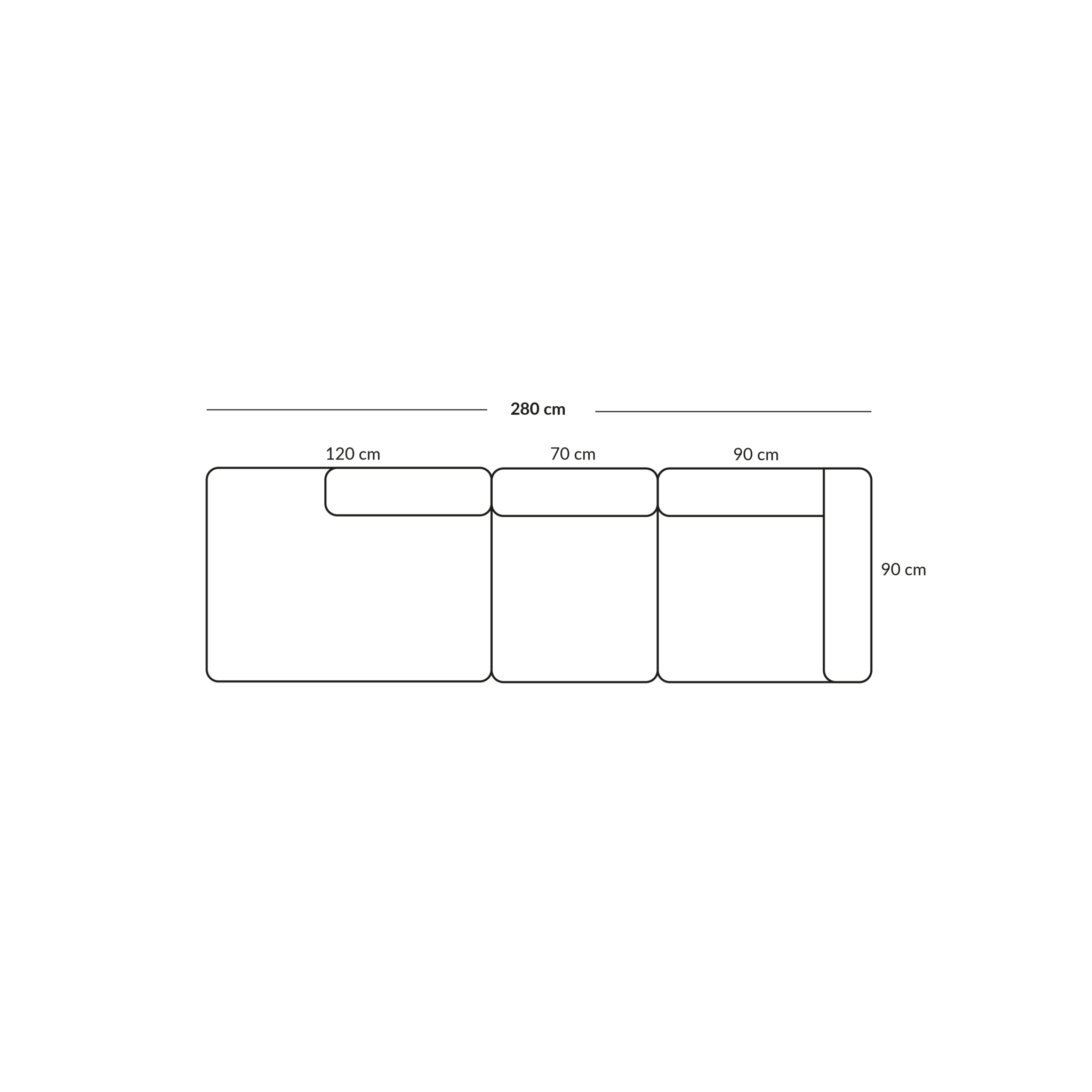 BASECAMP Three seater open - right corner, 3 modules, 90x280cm