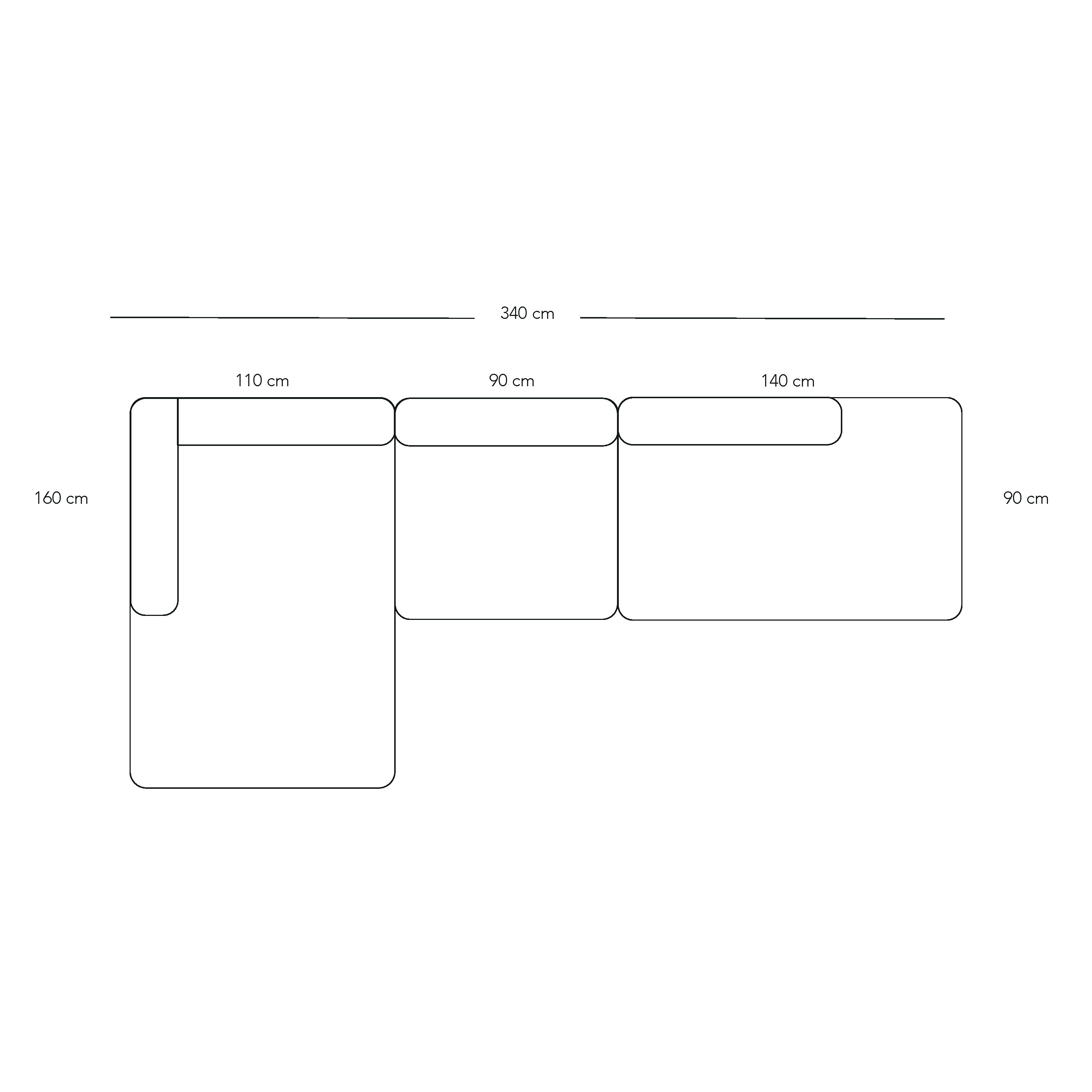 BASECAMP XL Open End - left chaiselounge, 3 modules, 160x340cm