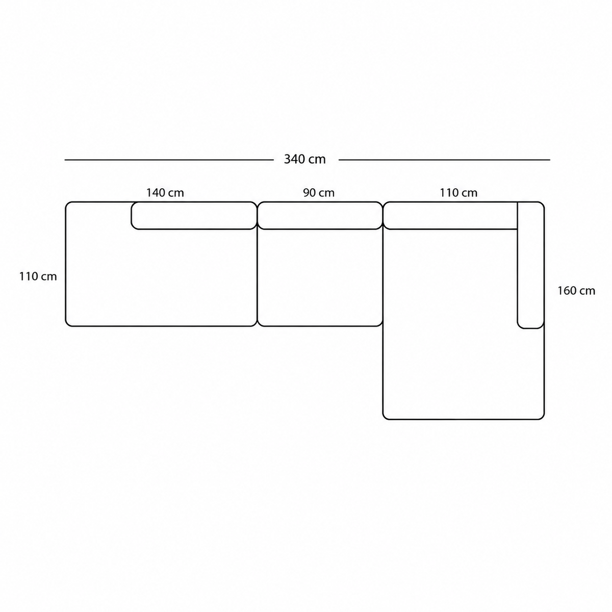 BASECAMP XL Deep Open End - Right Chaiselongue, 3 modules, 160x340 cm