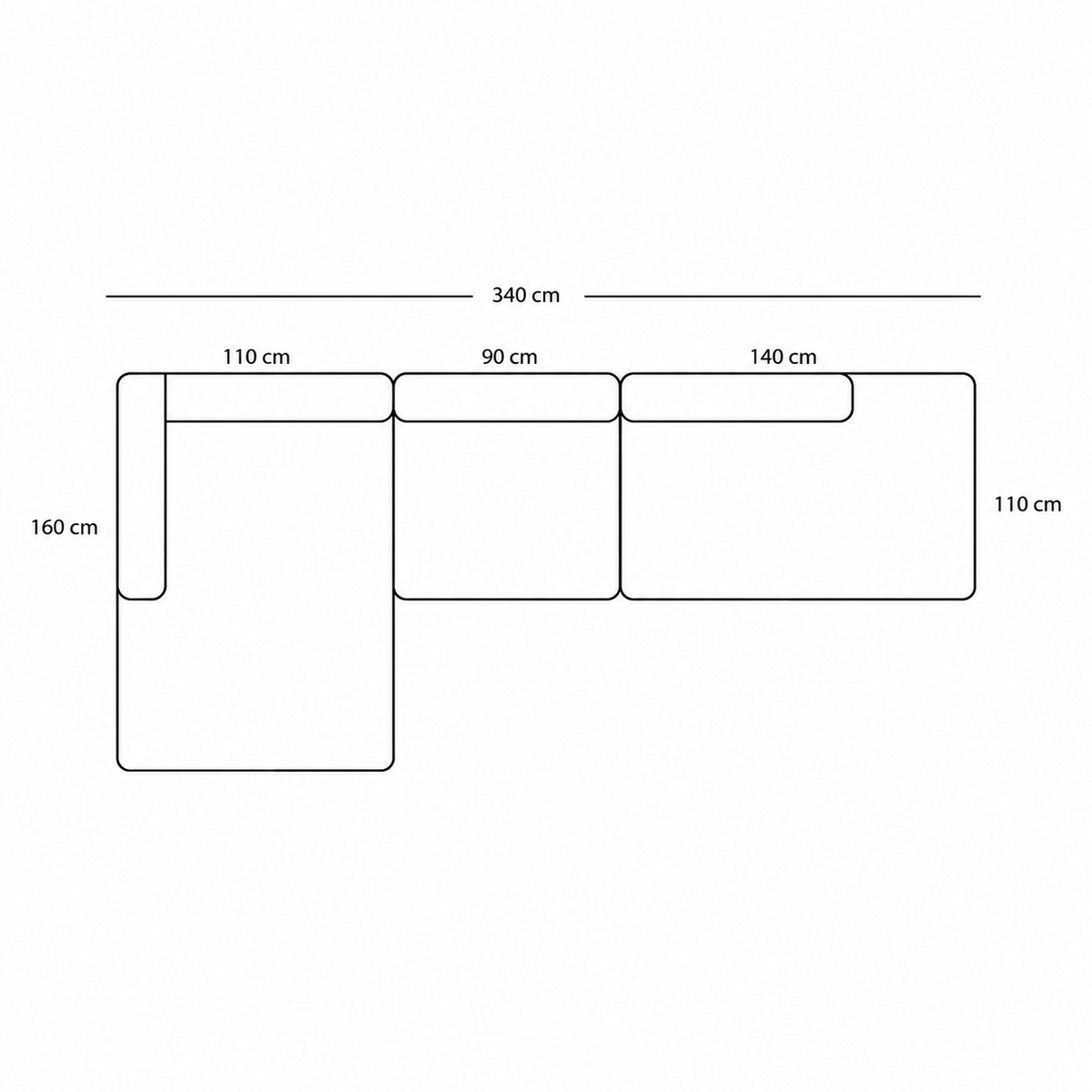 BASECAMP XL Deep Open End - Left Chaiselongue, 3 modules, 160x340 cm