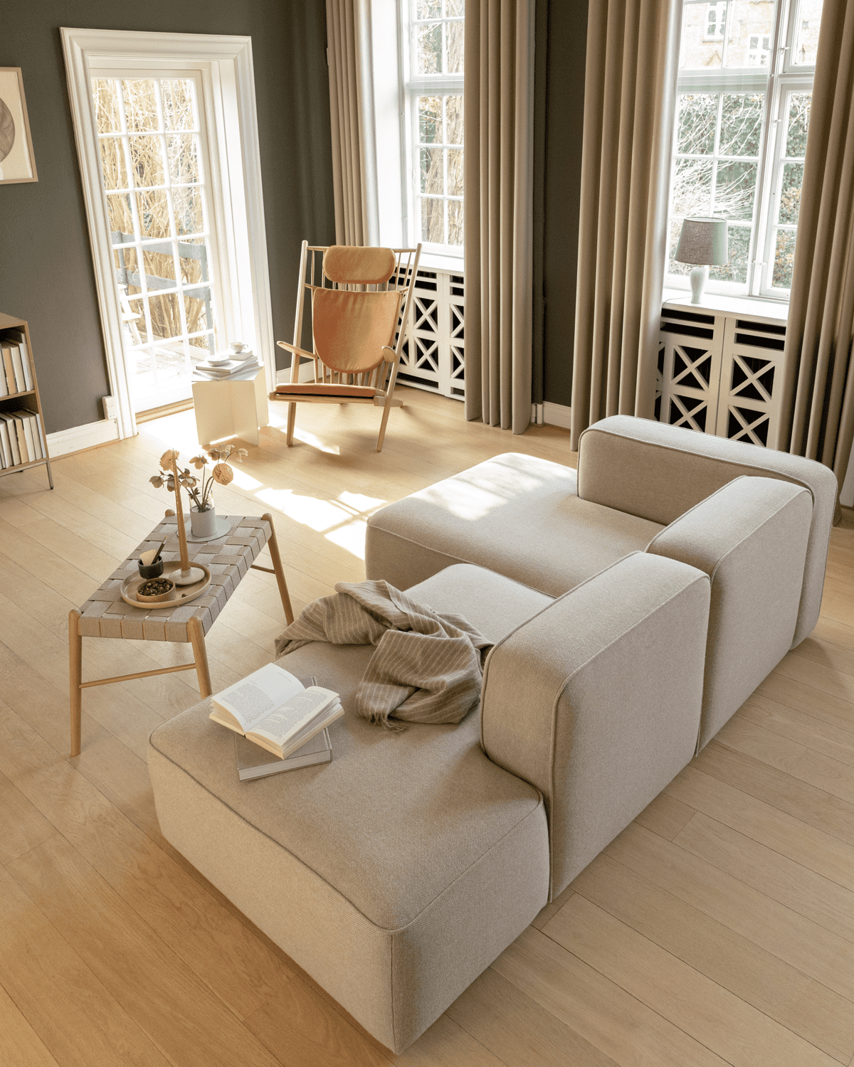 Beige sofa with chaise longue